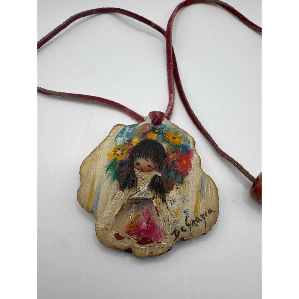 DeGrazia Hand Painted Southwestern Girl Flower Pendant Necklace Signed Red Cord